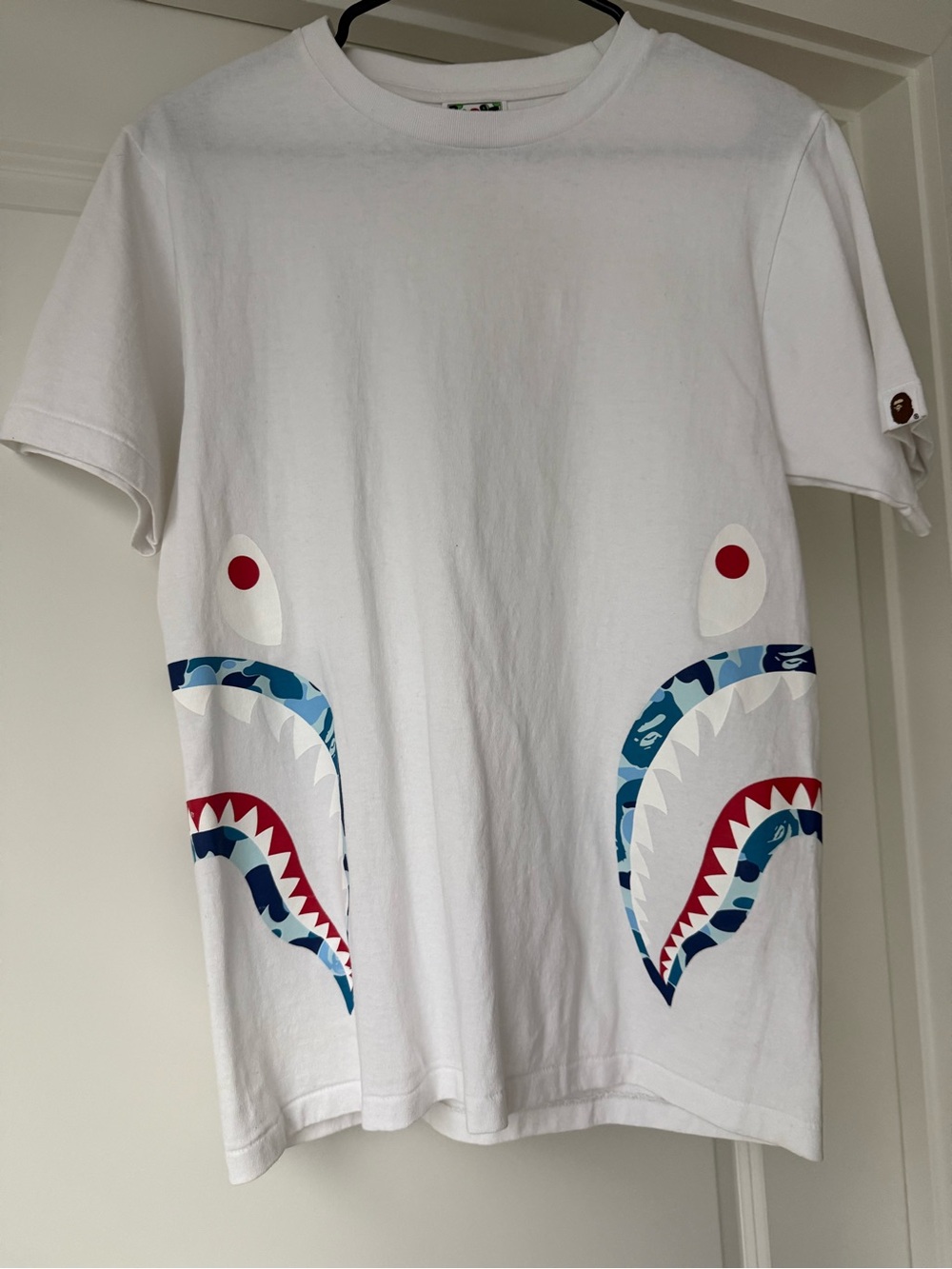 Bape White Shark Graphic Tee with Blue Camo Detail